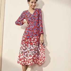 Ann Taylor Red White Floral Poppy Belted Midi Dress V Neck A Line Long Sleeve
